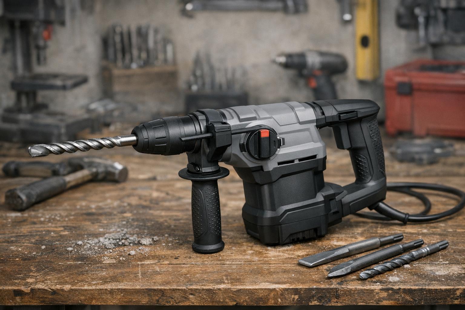 Zdjęcie przedstawiające nowoczesną młotowiertarkę SDS Plus leżącą na blacie warsztatowym