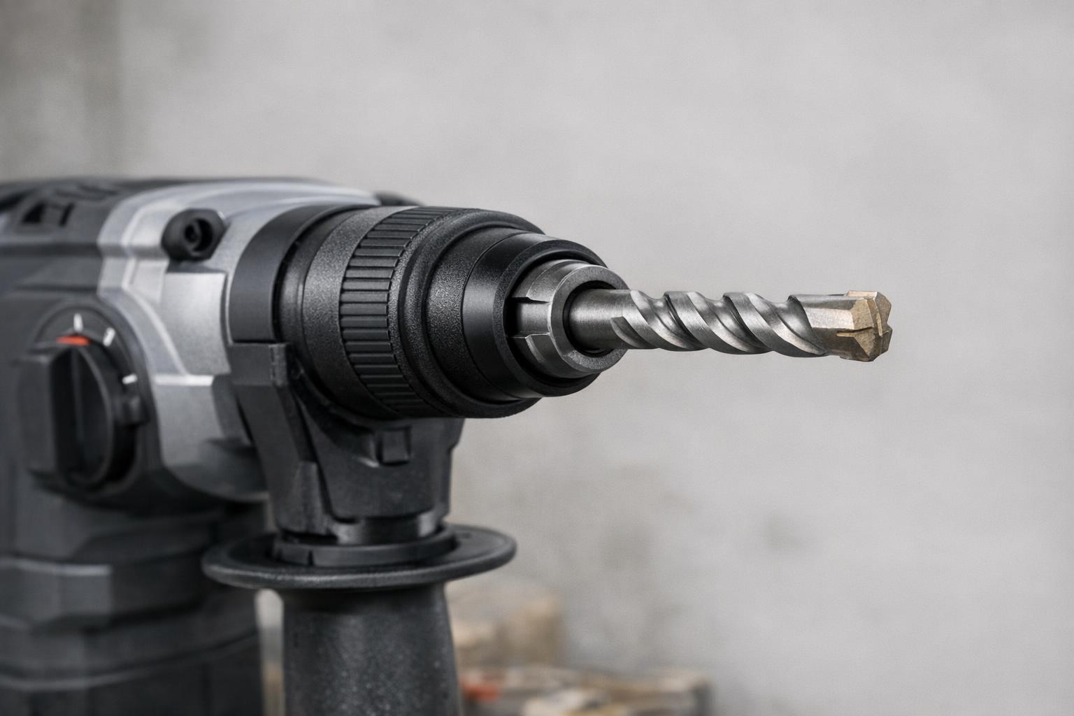 Zdjęcie wiertła SDS Plus zamocowanego w uchwycie młotowiertarki, gotowego do pracy
