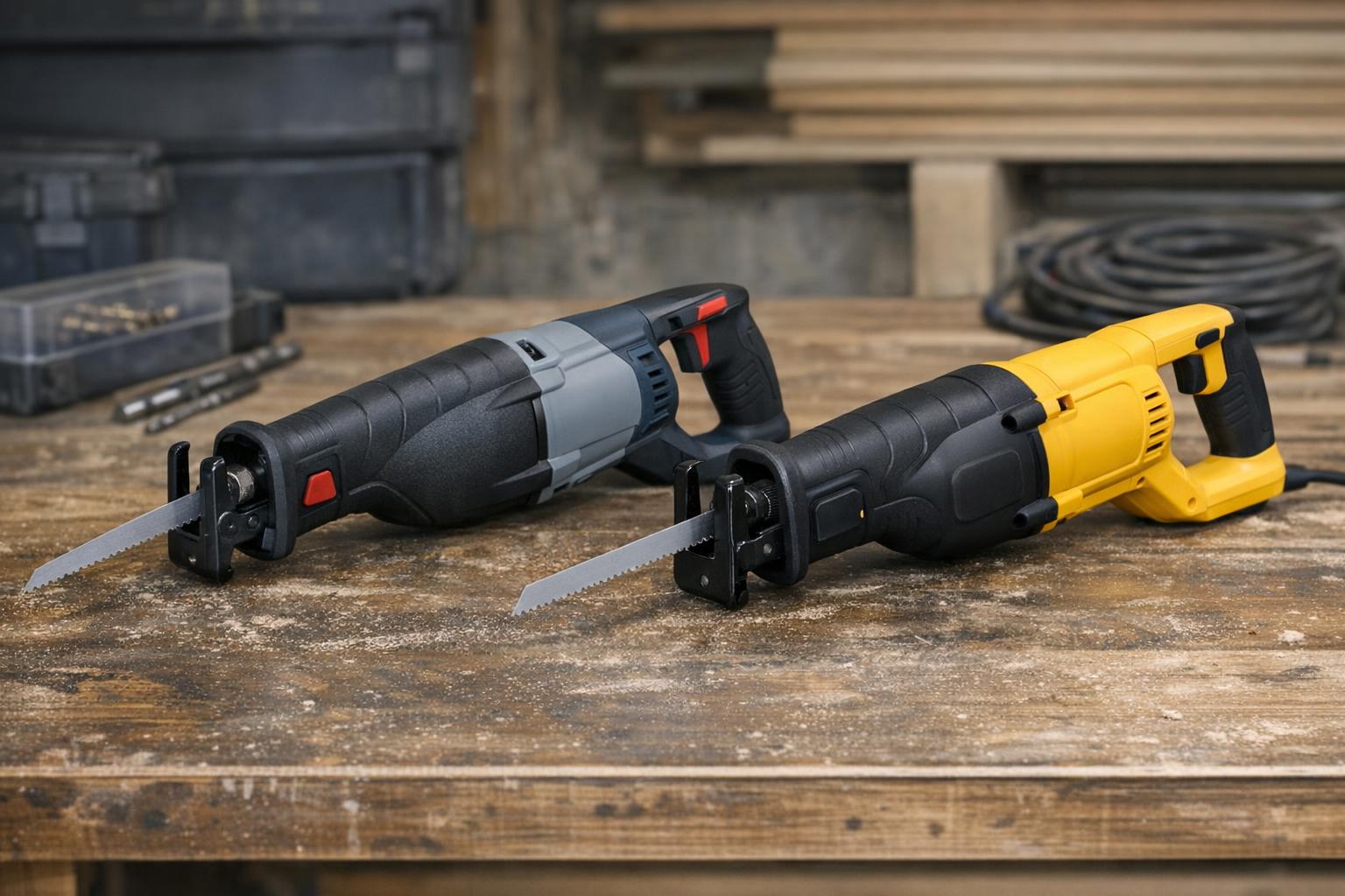 Zdjęcie porównawcze pił szablastych Bosch i Dewalt na stole warsztatowym