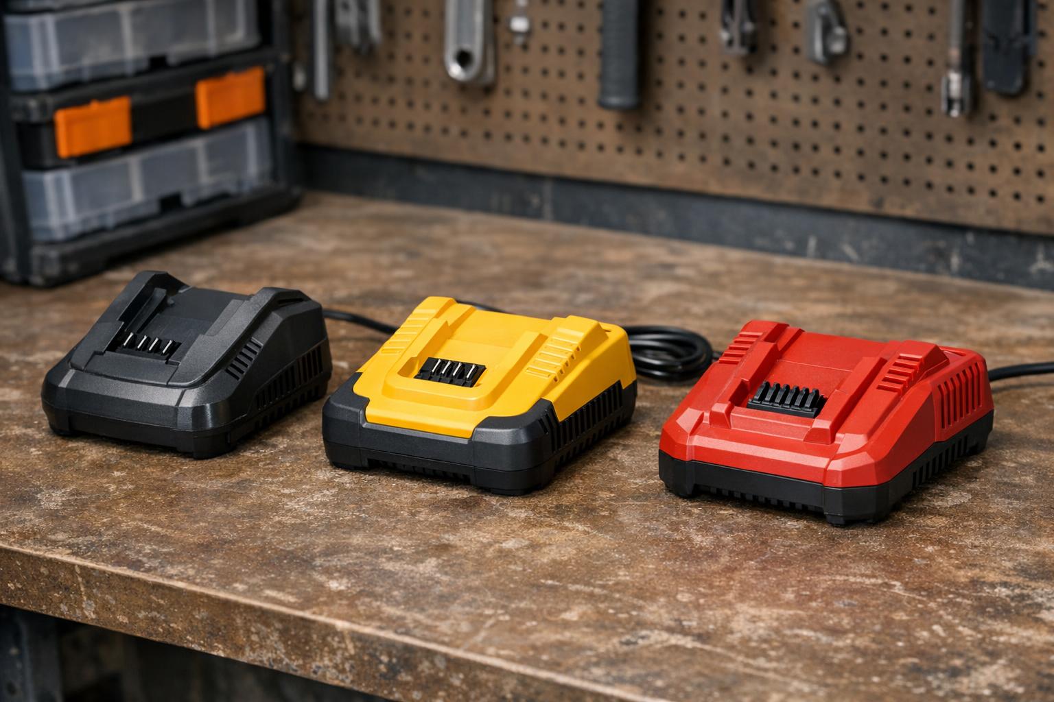 Zdjęcie: porównanie trzech ładowarek Bosch Dewalt Milwaukee na stole narzędziowym