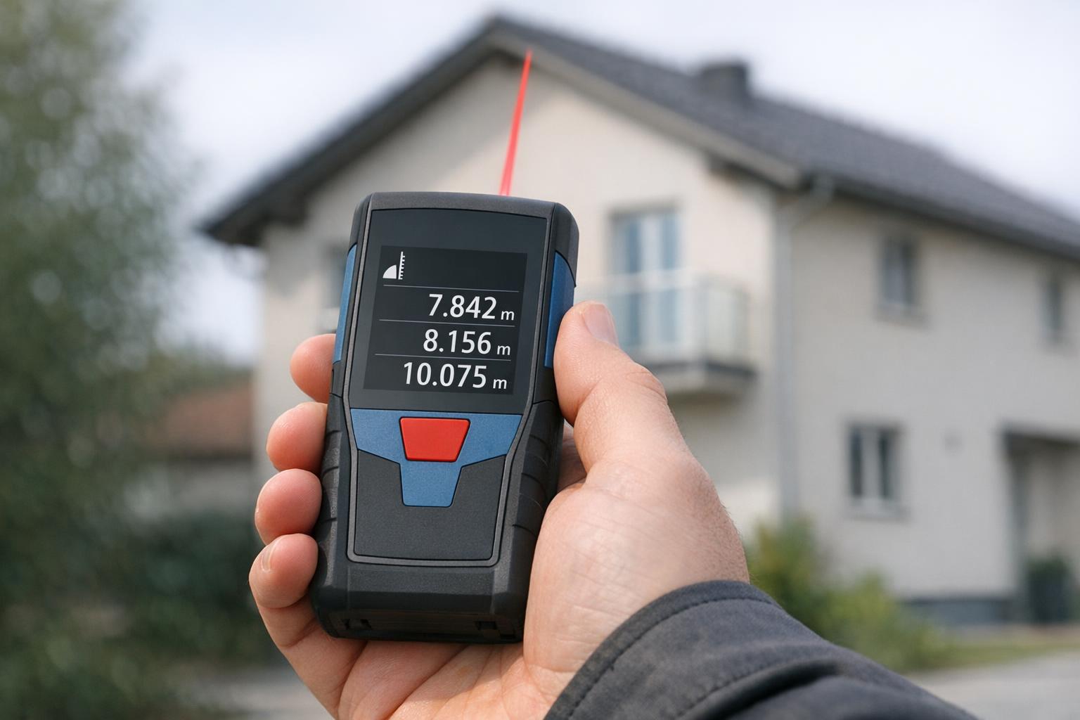 Zdjęcie dalmierza Bosch mierzącego elewację budynku na zewnątrz